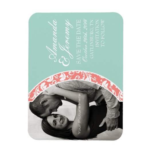 サンゴとミントのダマスク写真結婚式の日付を保存 マグネット (縦)