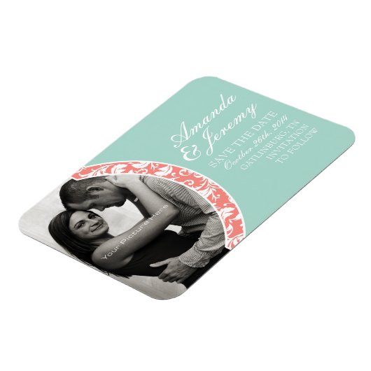 サンゴとミントのダマスク写真結婚式の日付を保存 マグネット (左側)