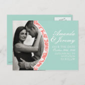サンゴとミントのダマスク写真結婚式の日付を保存 案内ポストカード (正面/裏面)