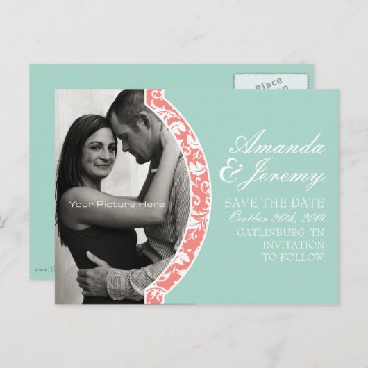 サンゴとミントのダマスク写真結婚式の日付を保存 案内ポストカード (正面/裏面)