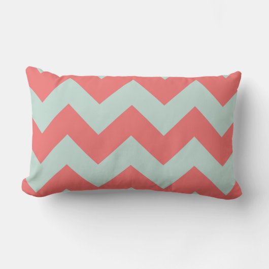サンゴとミントグリーンシェブロン枕 ランバークッション (正面)