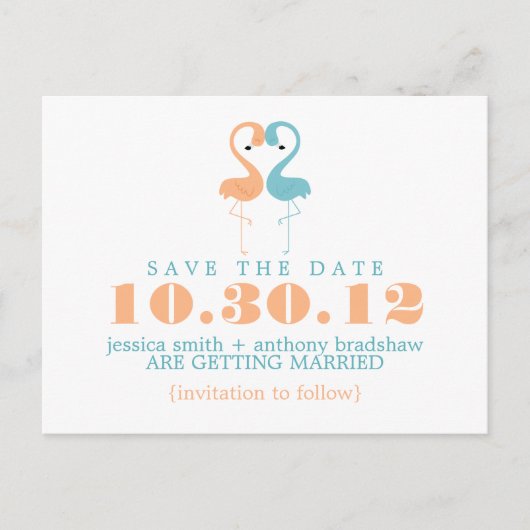 サンゴとミントフラミンゴスウェディング日付を保存 案内ポストカード (正面)