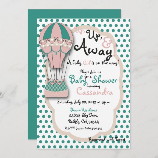 サンゴとミントホットエアバルーンベビーシャワー 招待状 (正面/裏面)