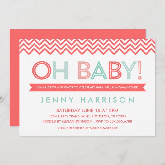 サンゴとミントモダンシェブロン赤ちゃんシャワー 招待状 (正面/裏面)