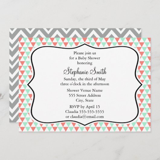 サンゴとミント三角形のパターン赤ちゃんシャワー 招待状 (正面/裏面)