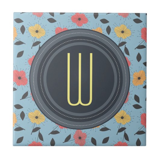 サンゴとレモン50sレトロヴィンテージフローラルパターン タイル (正面)