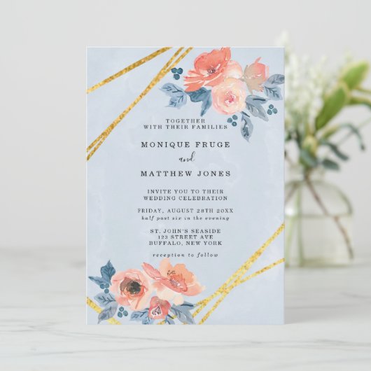サンゴと埃っぽい青いフローラ金ゴールド幾何結婚の 招待状 (スタンド正面)