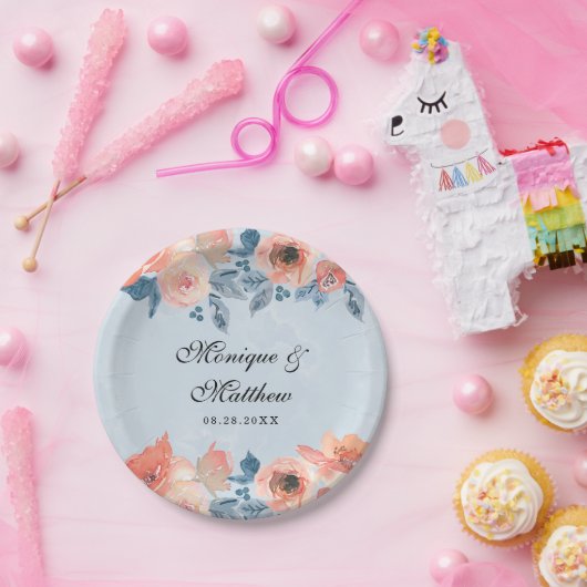 サンゴと埃っぽい青い植物性フローラ結婚ズ ペーパープレート (パーティー)