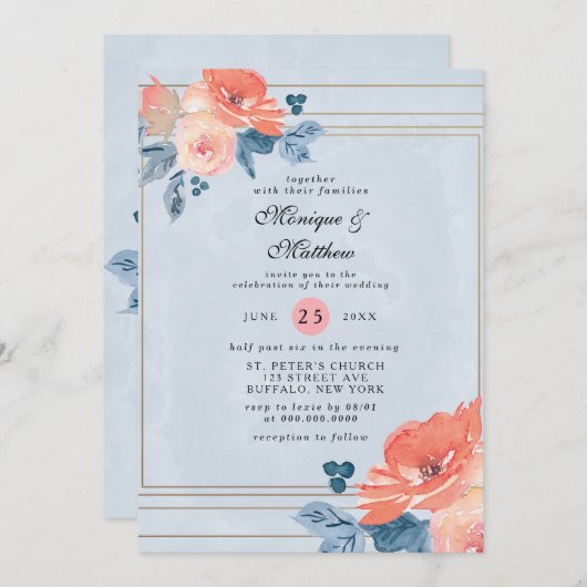サンゴと埃の多いブルーフローラ幾何結婚の 招待状 (正面/裏面)
