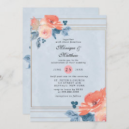 サンゴと埃の多いブルーフローラ幾何結婚の 招待状