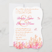 サンゴと明るい赤紫色フラワーバタフライウェディング招待状 招待状 (正面)