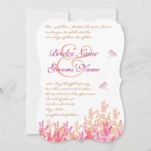 サンゴと明るい赤紫色フラワーバタフライウェディング招待状 招待状
