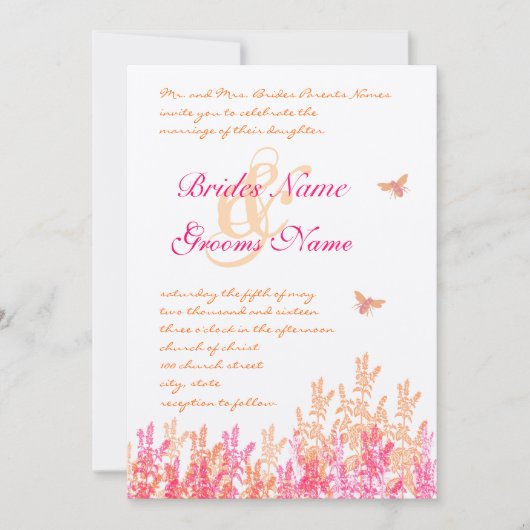 サンゴと明るい赤紫色フローラのまわりに結婚式の招待 招待状 (正面)