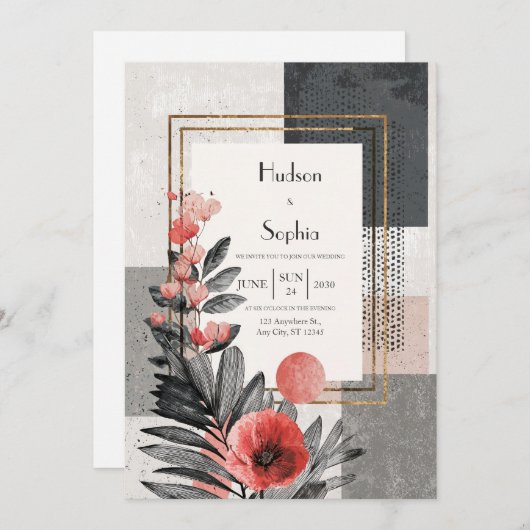 サンゴと木炭の抽象芸術結婚フローラ 招待状 (正面/裏面)