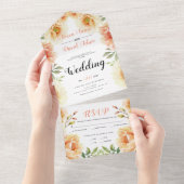 サンゴと桃の水色の結婚花 オールインワン招待状 (貼ってはがせる)