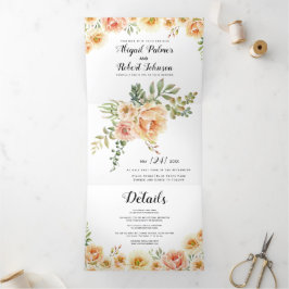 サンゴと桃の水色の結婚花 三つ折り招待状