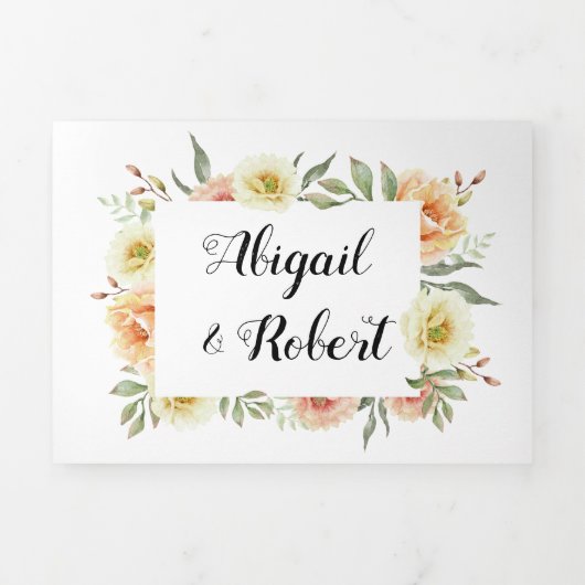 サンゴと桃の水色の結婚花 三つ折り招待状 (カバー)