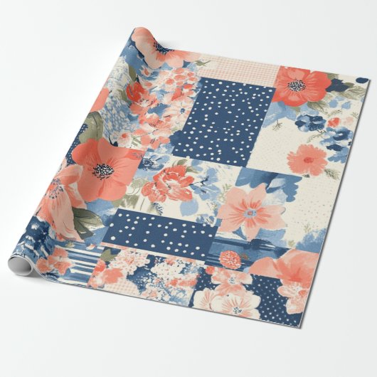 サンゴと海軍のフローラパッチワークのパターン ラッピングペーパー (アンロールド)