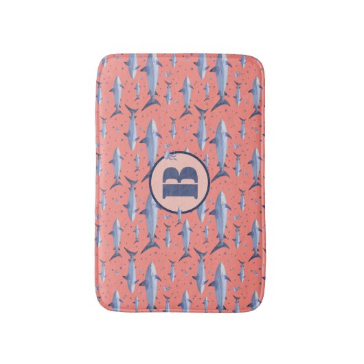 サンゴと海軍の水の色モノグラムシャーク海生活 バスマット (正面縦)