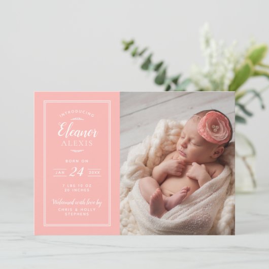 サンゴと灰色のベビーガール写真誕生のお知らせ 案内状 (スタンド正面)