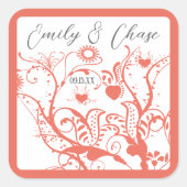サンゴと灰色の愛の鳥の渦巻き結婚式用シール スクエアシール (正面)