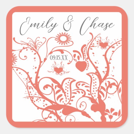 サンゴと灰色の愛の鳥の渦巻き結婚式用シール スクエアシール (正面)