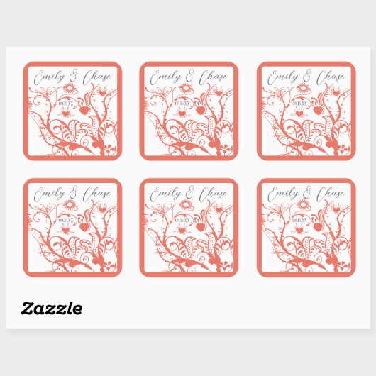 サンゴと灰色の愛の鳥の渦巻き結婚式用シール スクエアシール (シート)