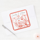 サンゴと灰色の愛の鳥の渦巻き結婚式用シール スクエアシール (封筒)