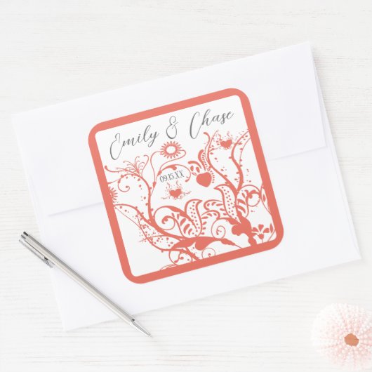 サンゴと灰色の愛の鳥の渦巻き結婚式用シール スクエアシール (封筒)