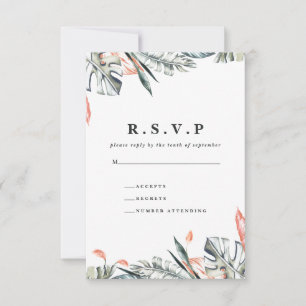 サンゴと熱帯結婚の葉のR.S.V.P 出欠カード