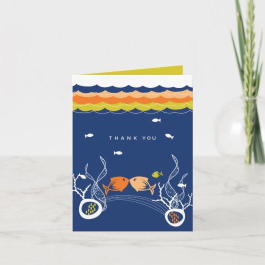 サンゴと熱帯魚にキスする青い波の結婚式 サンキューカード (正面)