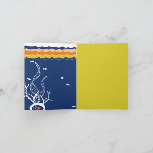 サンゴと熱帯魚にキスする青い波の結婚式 サンキューカード (内部)