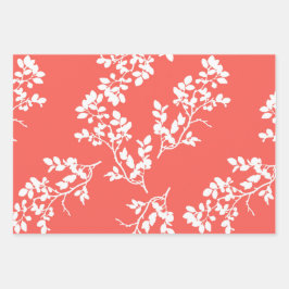 サンゴと白い花、ストライプチョウ ラッピングペーパーシート