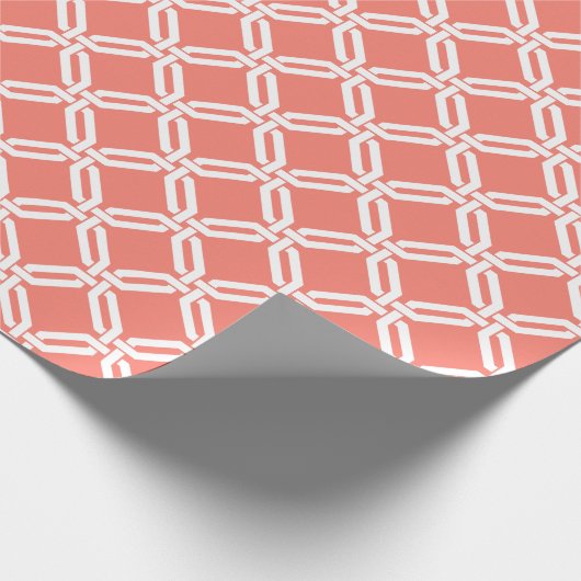 サンゴと白の八角形リンク格子パターン ラッピングペーパー (角)