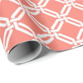 サンゴと白の八角形リンク格子パターン ラッピングペーパー (ロールコーナー)