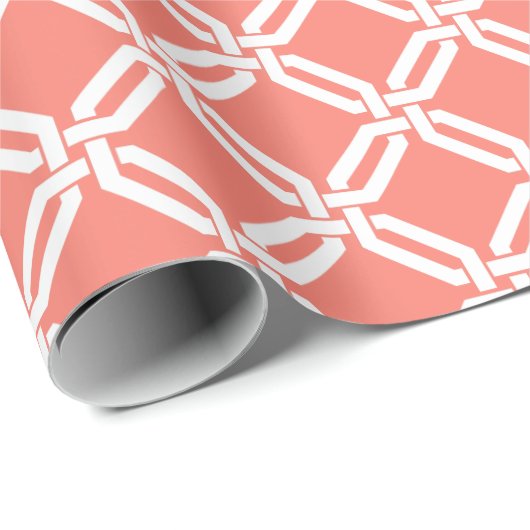 サンゴと白の八角形リンク格子パターン ラッピングペーパー (ロールコーナー)