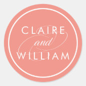 サンゴと白パーソナライズされた結婚の ラウンドシール (正面)