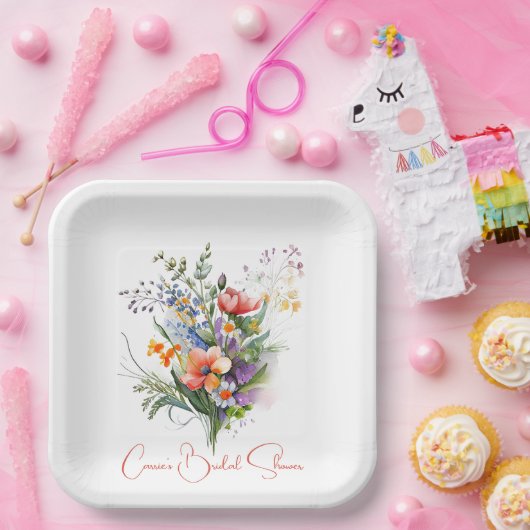 サンゴと紫色のワイルドフラワーブライダルシャワー ペーパープレート (パーティー)