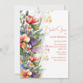 サンゴと紫色のワイルドフラワーブライダルシャワー 招待状