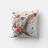 サンゴと緑の羽と花 クッション (正面)