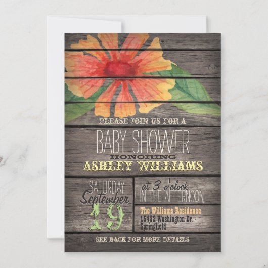 サンゴと緑の花の木素朴の赤ちゃんシャワー 招待状 (正面)