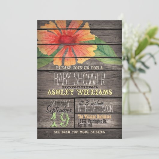 サンゴと緑の花の木素朴の赤ちゃんシャワー 招待状 (スタンド正面)