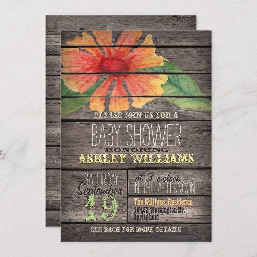 サンゴと緑の花の木素朴の赤ちゃんシャワー 招待状 (正面/裏面)