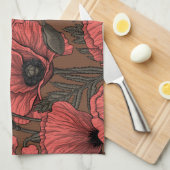 サンゴと茶色のケシ畑 キッチンタオル (四つ折り)