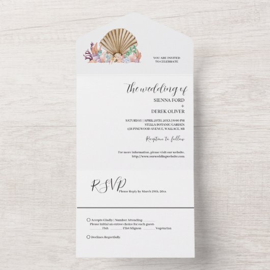 サンゴと貝殻のビーチ ウェディング オールインワン招待状 (内側)