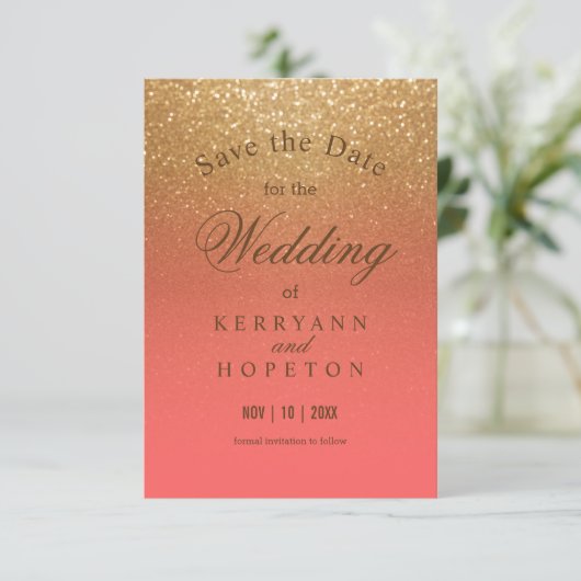 サンゴと金ゴールドのグリッター – 日付を保存 セーブザデート (スタンド正面)