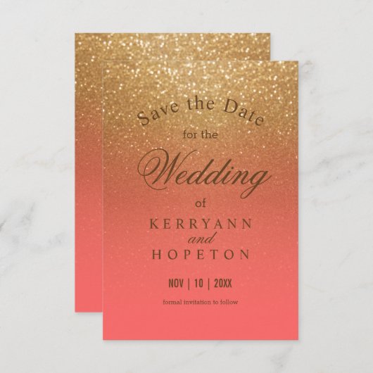 サンゴと金ゴールドのグリッター – 日付を保存 セーブザデート (正面/裏面)