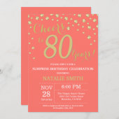 サンゴと金ゴールドのサプライズ80誕生日ダイヤモンド 招待状 (正面/裏面)