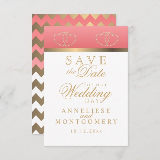 サンゴと金ゴールドのハート – 日付を保存 セーブザデート (正面/裏面)