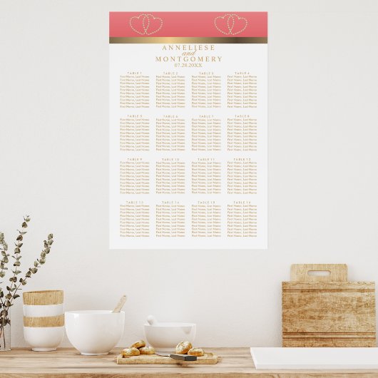 サンゴと金ゴールドのハート- 16座席表 ポスター (キッチン)